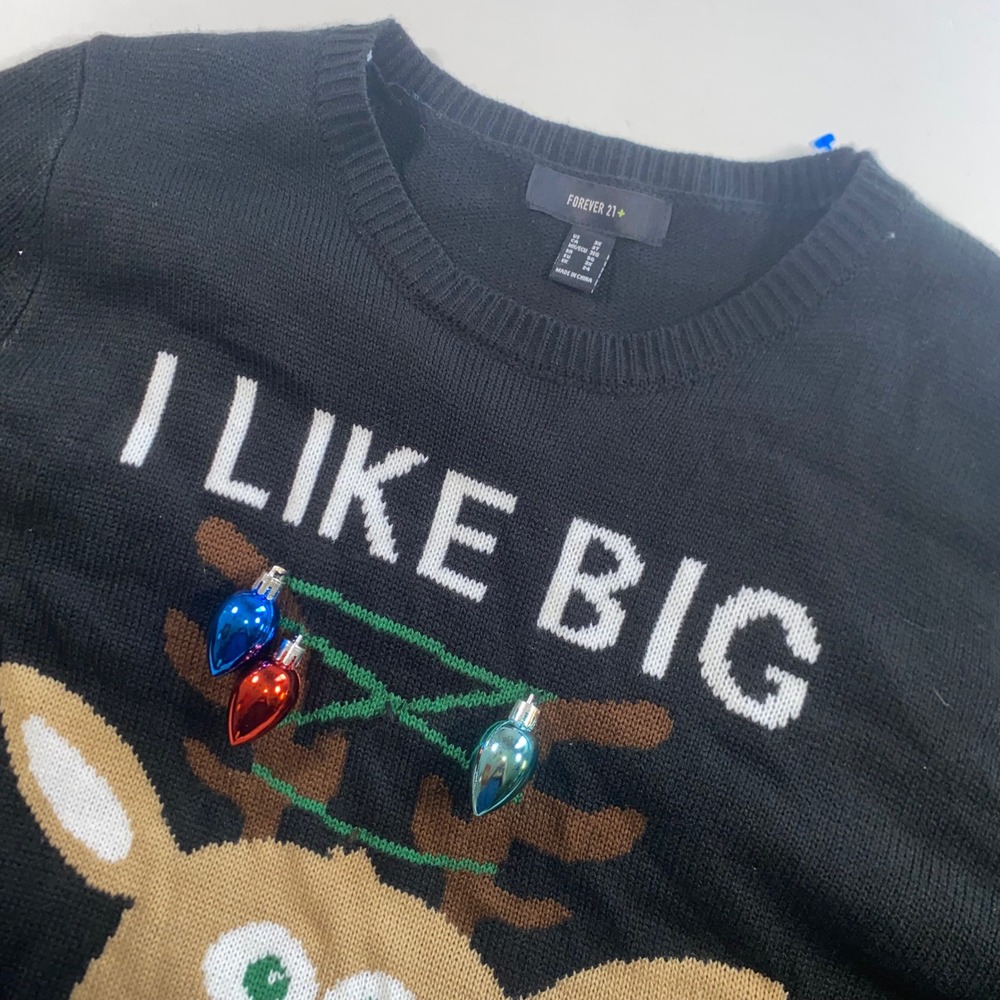 Forever 21+ Mens 3X Black I Like Big‎ Bulbs Reindeer Ugly Christmas Sweater Knit